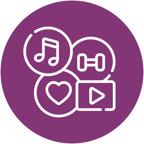 Music, fitness, heart, and video icons.