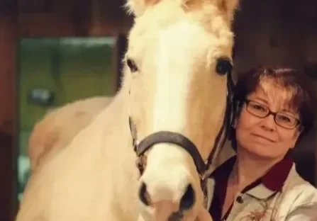 cr=t_7.63,w_84 (1) A woman petting a white horse.