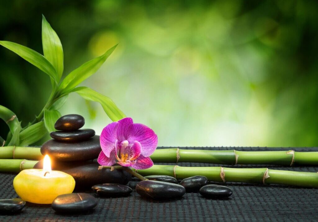 Spa stones, bamboo, orchid and candle.